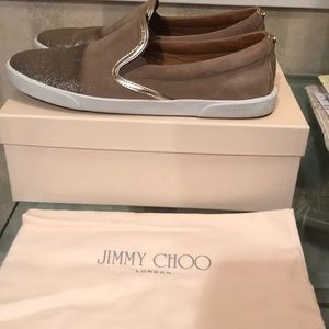 Jimmy Choo suede slip ons with gold trim